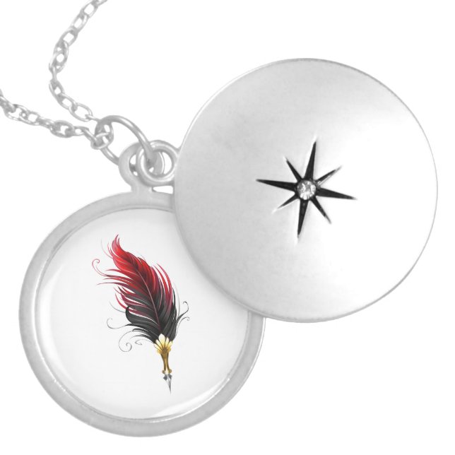 Red feather pen with gold nib locket necklace (Front)