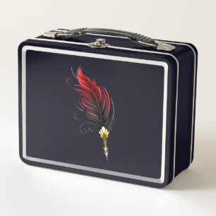 Red feather pen with gold nib metal lunch box