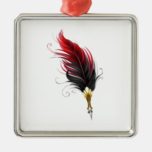 Red feather pen with gold nib metal ornament