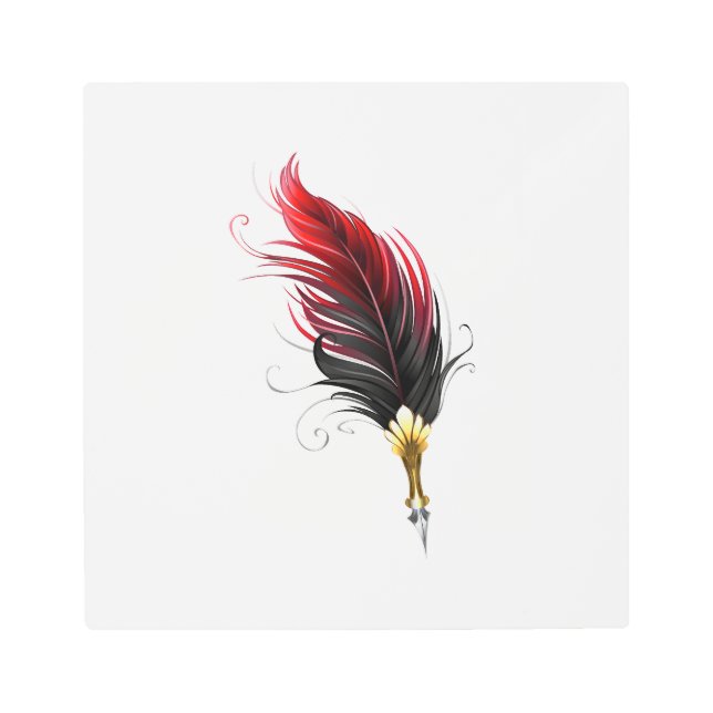 Red feather pen with gold nib metal print (Front)