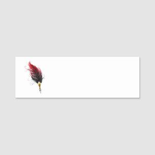 Red feather pen with gold nib name tag