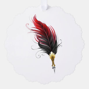 Red feather pen with gold nib ornament card