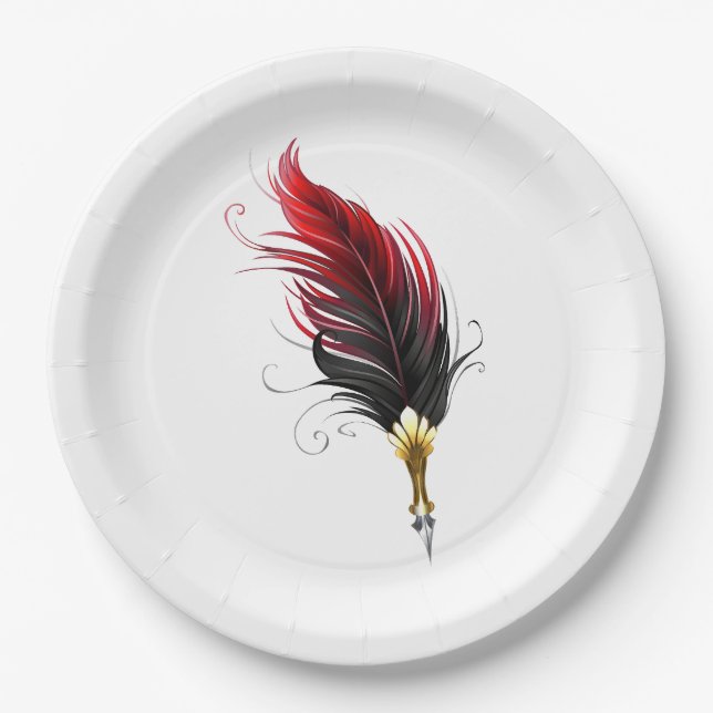 Red feather pen with gold nib paper plates (Front)