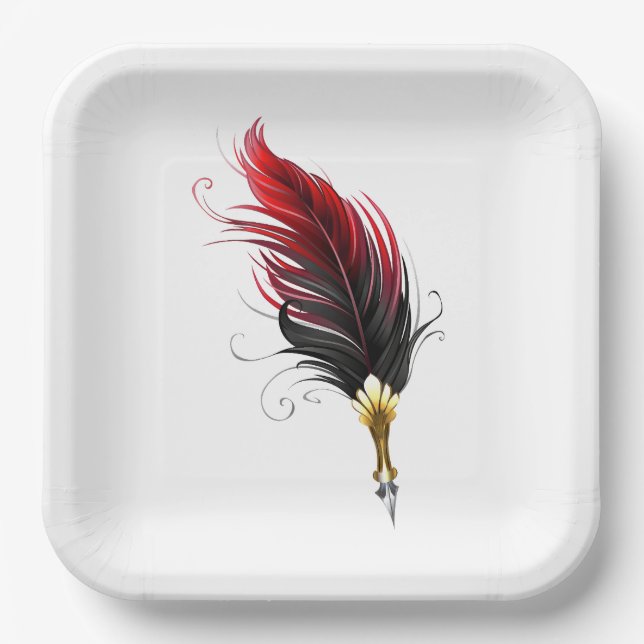 Red feather pen with gold nib paper plates (Front)