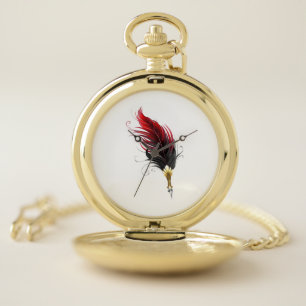Red feather pen with gold nib pocket watch