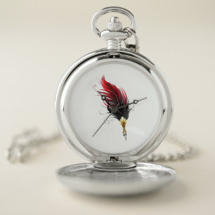 Red feather pen with gold nib pocket watch