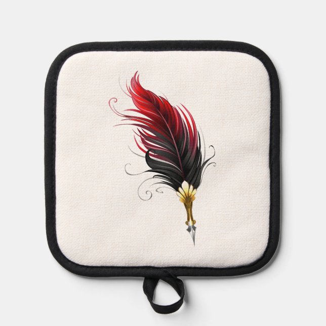 Red feather pen with gold nib pot holder (Front)