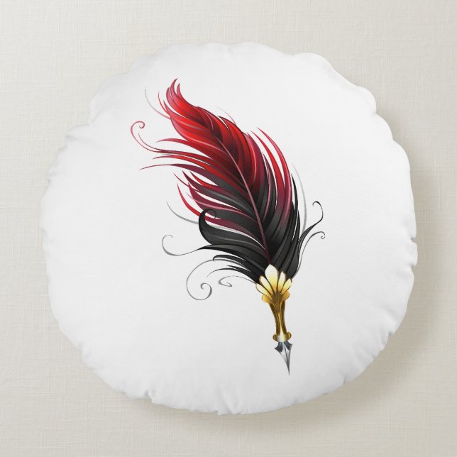 Red feather pen with gold nib round pillow (Front)