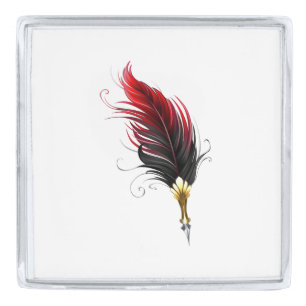Red feather pen with gold nib silver finish lapel pin