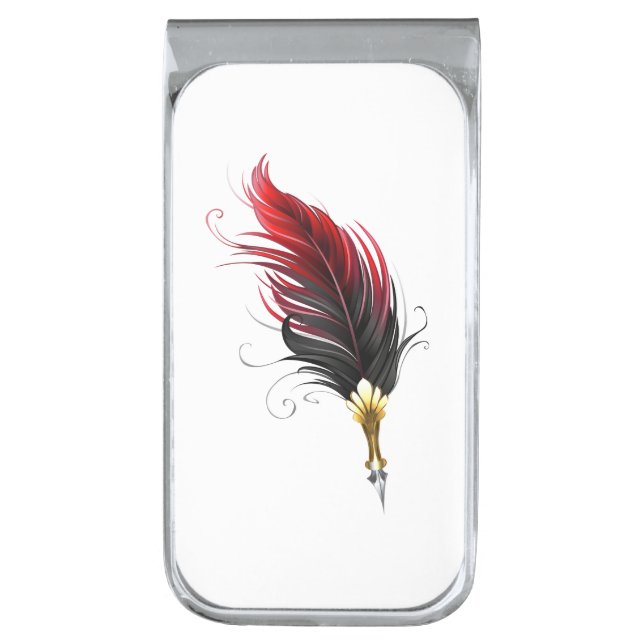 Red feather pen with gold nib silver finish money clip (Front Vertical)