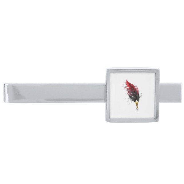 Red feather pen with gold nib silver finish tie bar (Front)