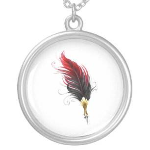 Red feather pen with gold nib silver plated necklace
