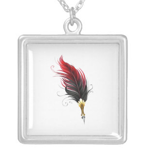 Red feather pen with gold nib silver plated necklace