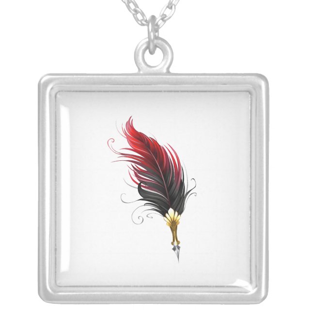 Red feather pen with gold nib silver plated necklace (Front)