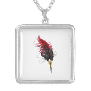 Red feather pen with gold nib silver plated necklace