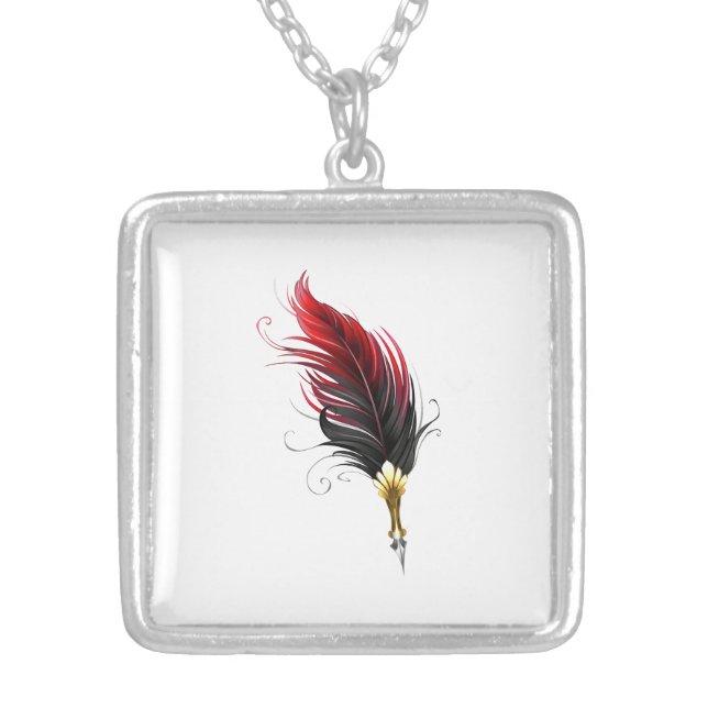 Red feather pen with gold nib silver plated necklace (Front)