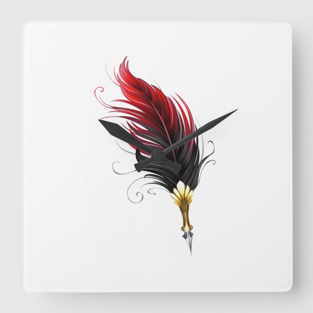 Red feather pen with gold nib square wall clock (Front)