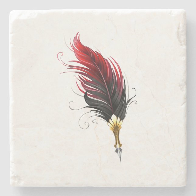 Red feather pen with gold nib stone coaster (Front)