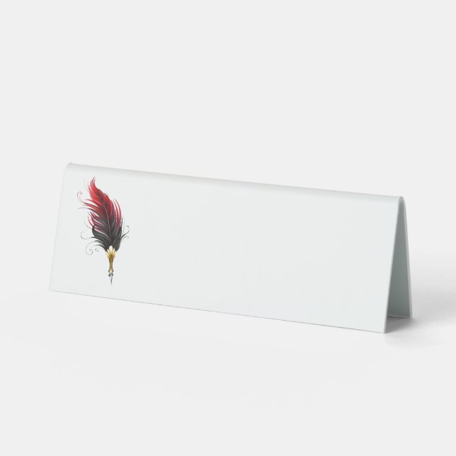 Red feather pen with gold nib table tent (Front)