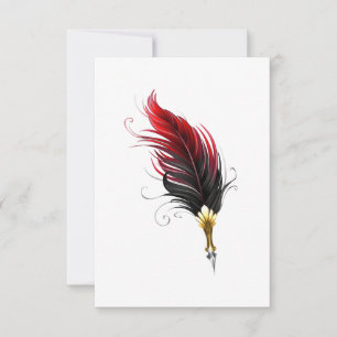 Red feather pen with gold nib thank you card