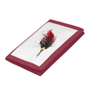 Red feather pen with gold nib tri-fold wallet