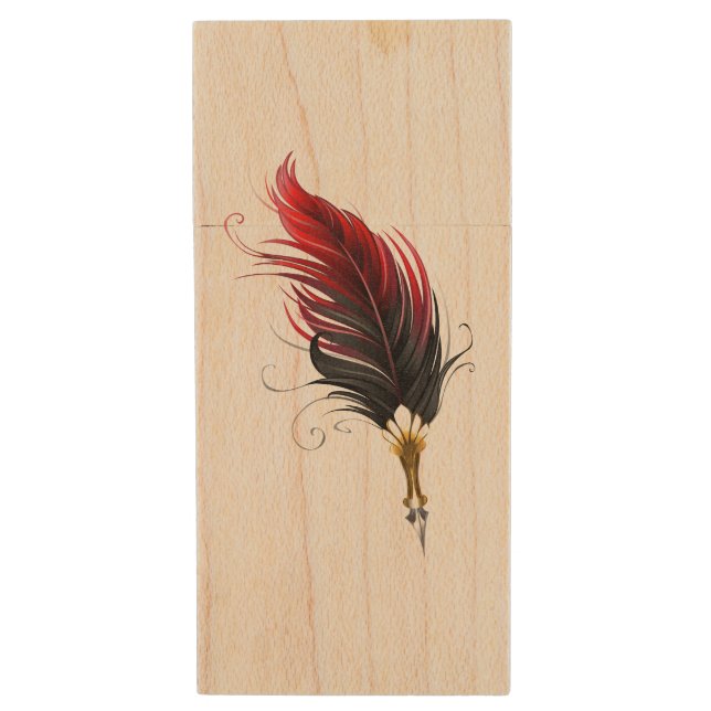 Red feather pen with gold nib wood flash drive (Front Vertical)