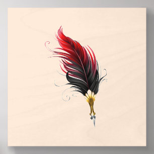 Red feather pen with gold nib wood photo tile