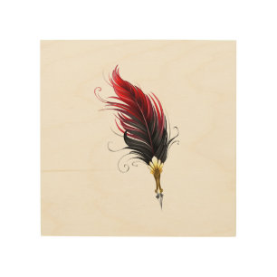 Red feather pen with gold nib wood wall art