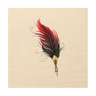 Red feather pen with gold nib wood wall art