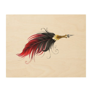 Red feather pen with gold nib wood wall art