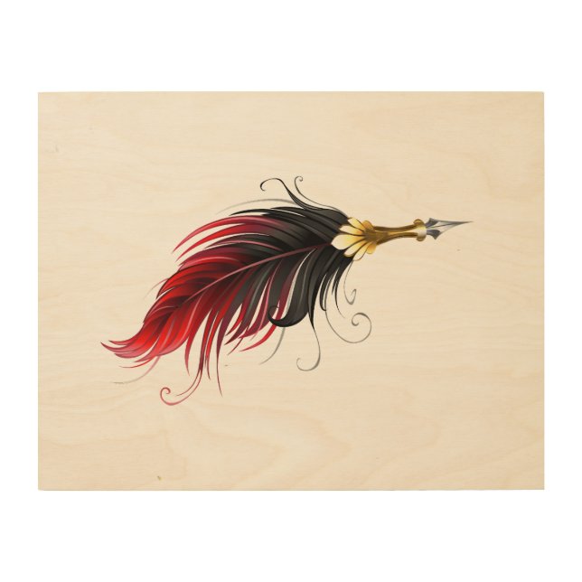 Red feather pen with gold nib wood wall art (Front)