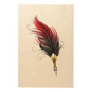Red feather pen with gold nib wood wall art