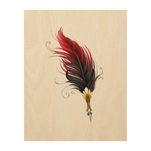Red feather pen with gold nib wood wall art
