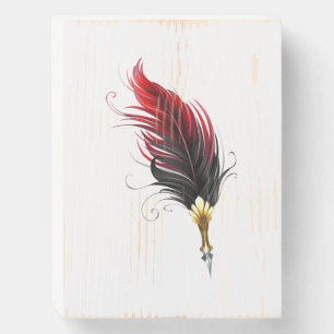 Red feather pen with gold nib wooden box sign