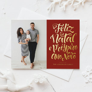 Red Feliz Natal Calligraphy Christmas Photo Foil Holiday Postcard