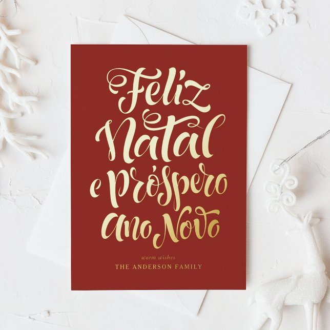 Red Feliz Natal e Próspero Ano Novo Script Foil Holiday Card (Creator Uploaded)