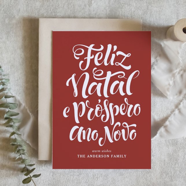 Red Feliz Natal e Próspero Ano Novo Script Holiday Card (Creator Uploaded)
