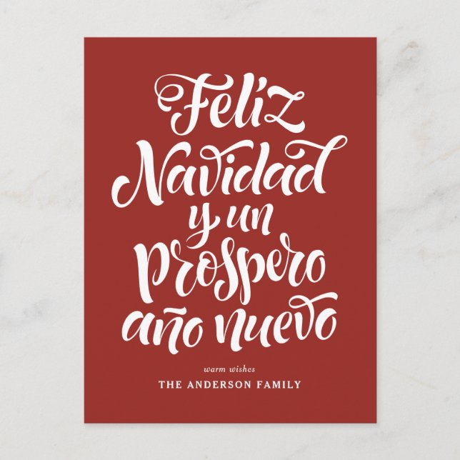 Red Feliz Navidad Calligraphy Christmas Holiday Postcard (Front)
