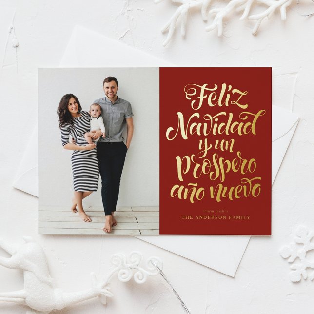 Red Feliz Navidad Script Christmas Photo Foil Holiday Card (Creator Uploaded)