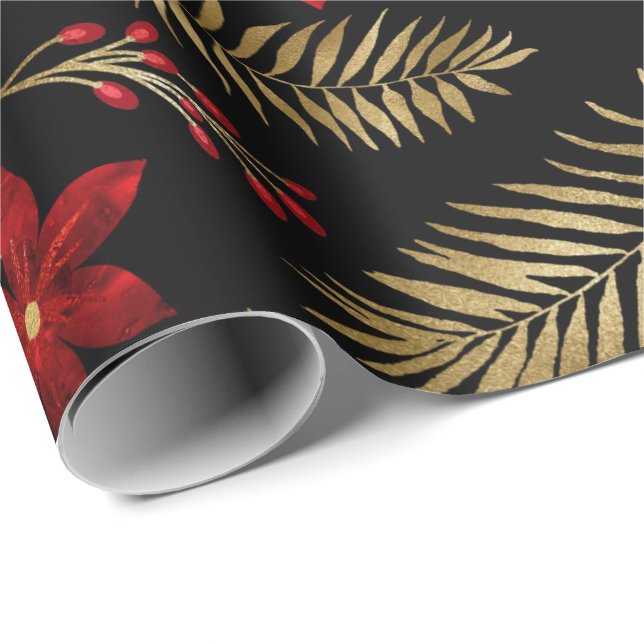 Red Fern Bunch  Foil Floral Glitter Gold Black Wrapping Paper (Roll Corner)