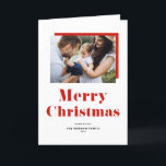 Red Festive Bold Typography Merry Christmas Photo Holiday Card<br><div class="desc">Merry Christmas! Send festive greetings this Christmas season with this customizable photo Christmas card. It features red bold typography and pinstripes pattern. Personalize by adding a photo,  names,  year and other details. This modern typography Christmas card is available in other cardstock.</div>