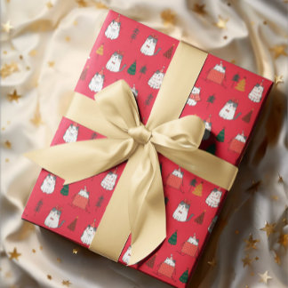 Red Festive Cats & Christmas Trees Wrapping Paper