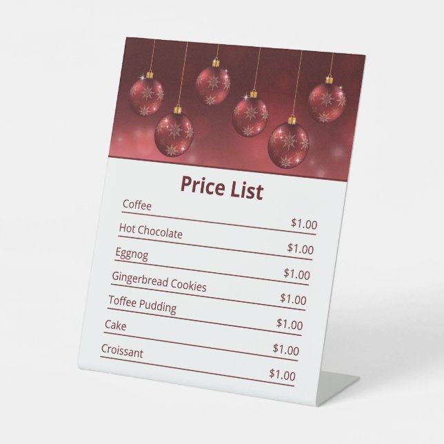 Red Festive Christmas Baubles Christmas Price List Pedestal Sign (Front)