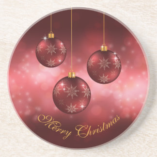 Red Festive Christmas Baubles On Red Bokeh Coaster