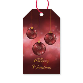 Red Festive Christmas Baubles On Red Bokeh Gift Tags