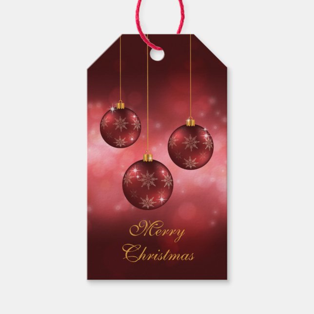 Red Festive Christmas Baubles On Red Bokeh Gift Tags (Front)