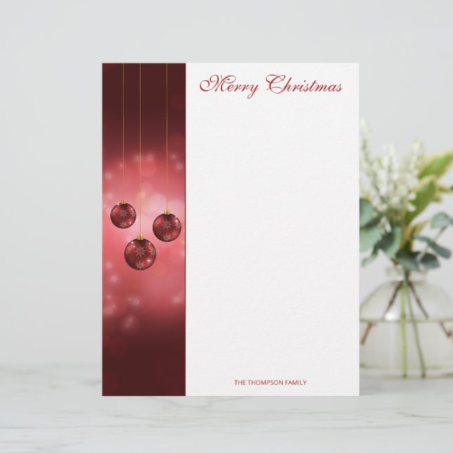Red Festive Christmas Baubles On Red Bokeh Letterhead (Standing Front)