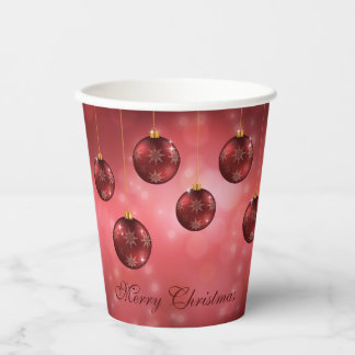 Red Festive Christmas Baubles On Red Bokeh Paper Cups