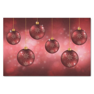 Red Festive Christmas Baubles On Red Bokeh Tissue Paper