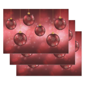 Red Festive Christmas Baubles On Red Bokeh Wrapping Paper Sheets